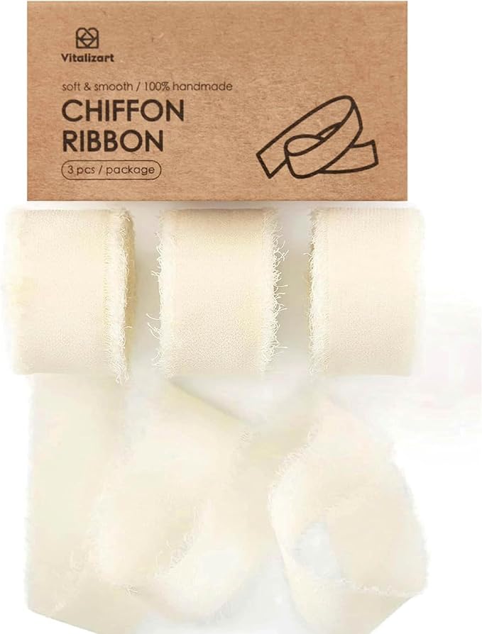 Vitalizart Ivory White Chiffon Silk Ribbon 1" x 21 Yd Fringe Fabric Package by Vitalizart