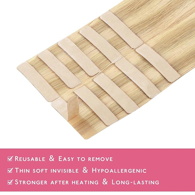 WENNALIFE Tape in Hair Extensions Human Hair Light Blonde Highlighted Golden Blonde Tape in Extensions, 10pcs 25g 16 inch Remy Invisible Tape Ins Straight Soft Real Human Hair Tape in Extensions