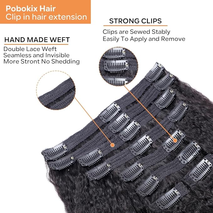 Kinky Straight Clip in Hair Extensions Real Human Hair 8Pcs Remy Human Hair Clip in Extensions for Women, Natural Human Hair 120g 16inch #1B Natural Black