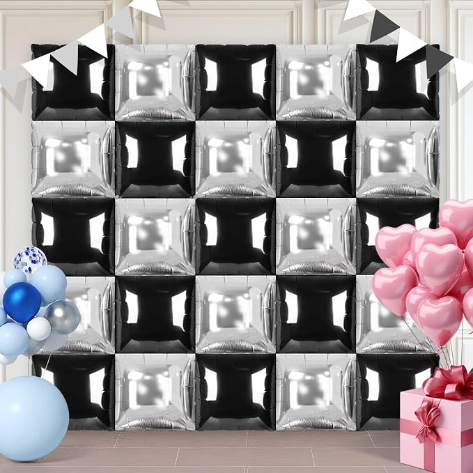 Black and Silver Square Foil Balloons 25 Pcs Metallic Black and Silver Balloons by Unknown