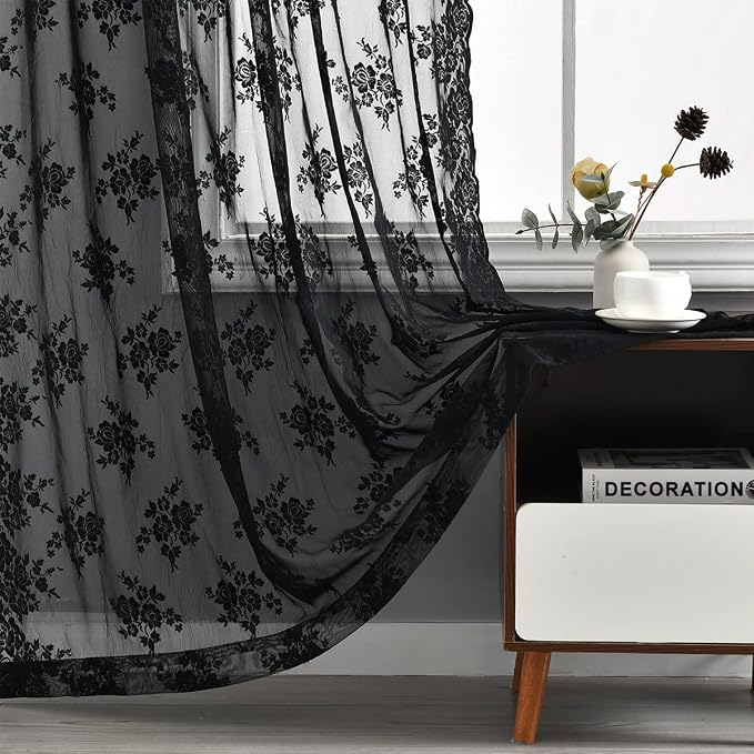 Kotile Black Lace Curtains, Gothic Rustic Floral 52 x 120 Inch, 2 Panels | Rod by Kotile+Curtains