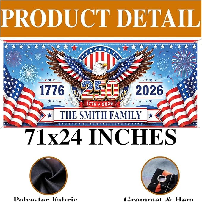 Personalized 250 Years of Freedom USA Banner 1776-2026, Patriotic American - Image 4