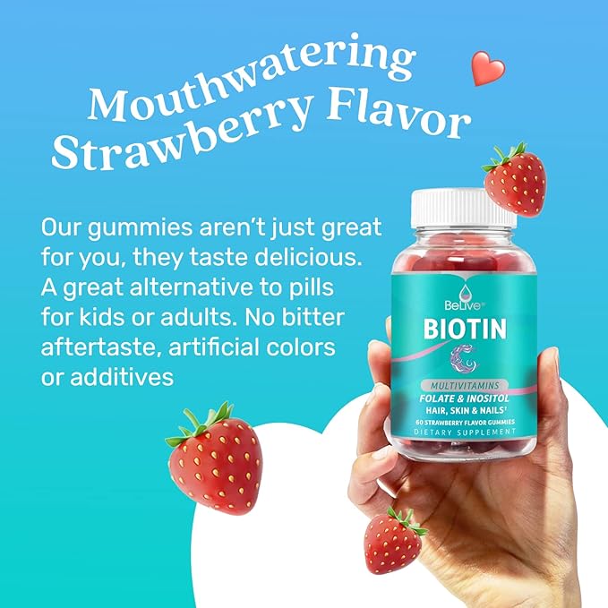 BeLive Biotin Gummies - Skin, Nails & Hair Vitamins with A, C, D, E, B12, Zinc, Folate & Inositol, Biotin Supplement for Anti-Aging, Energy & Collagen Boost, Multivitamin Gummies - Strawberry | 3-Pack