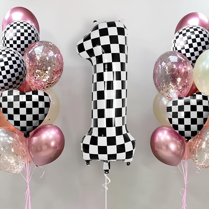 Checkered Number 1 Balloon 40 Inch, Large Foil Black and White Number Balloons - Image 2