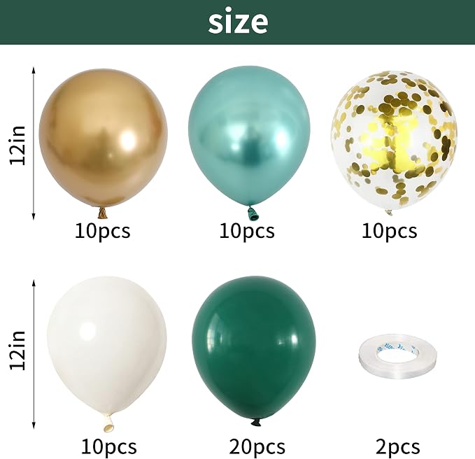 Metallic Green Gold Balloons, 60 Packs 12 Inch Dark Green White Gold Latex - Image 2