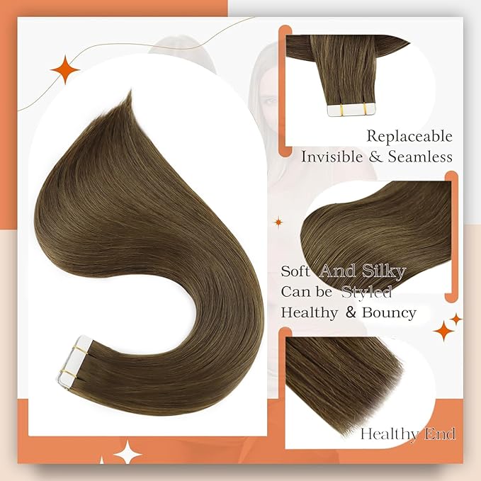 Full Shine Tape ins Human Hair Extensions Invisible Tape Hair Extensions Real Human Hair Color 3 Brown Human Hair Extension 18Inch Glue in Extensions 50G 20Pcs Seamless Remy Hair for Women Add Length