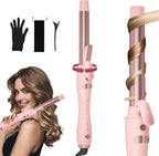 Extra-Long Barrel Rotating Curling Iron with Short Clamp, Automatic Curling Iron 1 Inch Creates Loose Curls – for Medium and Long Hair, High Heat 410°F, Instant Heat up, Double Ceramic, Dual Voltage