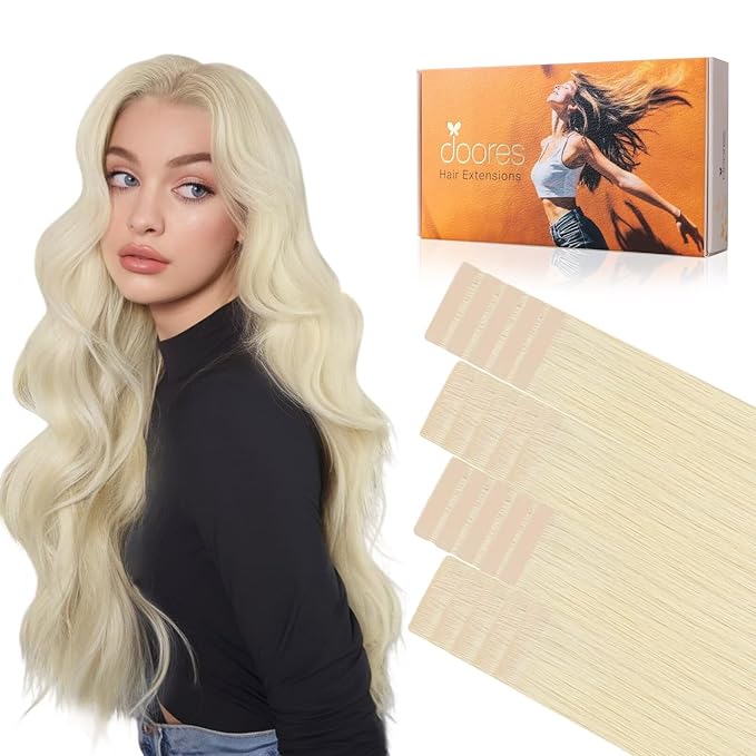 DOORES Invisi Edge Tape in Extensions Human Hair, Platinum Blonde 10 Injection Tape-ins with 10 Classic Tape-ins 50g 18 Inch, Injected Tape in Extensions Virgin Human Hair Thick Ends