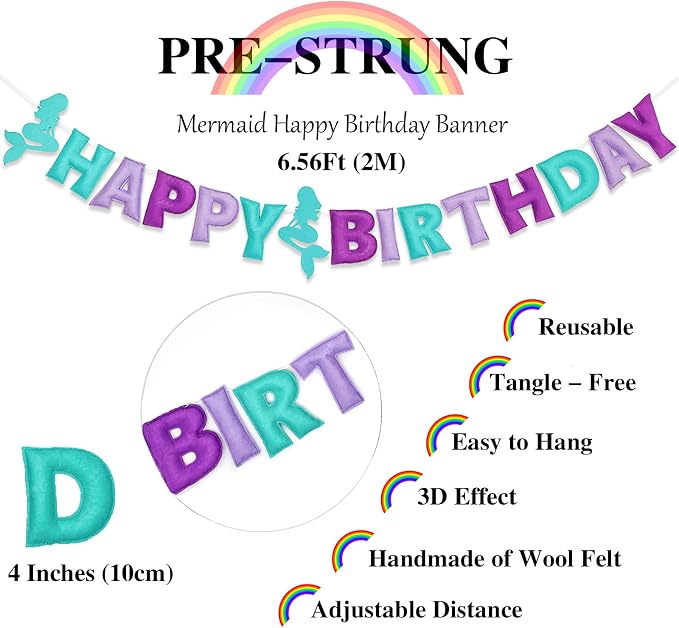 Pre-Strung 3D Felt Mermaid Happy Birthday Banner, Birthday Party Decorations | - Image 4