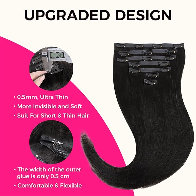Lashey Yaki Straight Clip Ins 16 Inch 110g 7Pcs Seamless Hair Extensions Real Human hair, Natural Black Clip in Hair Extension for Women Real hair