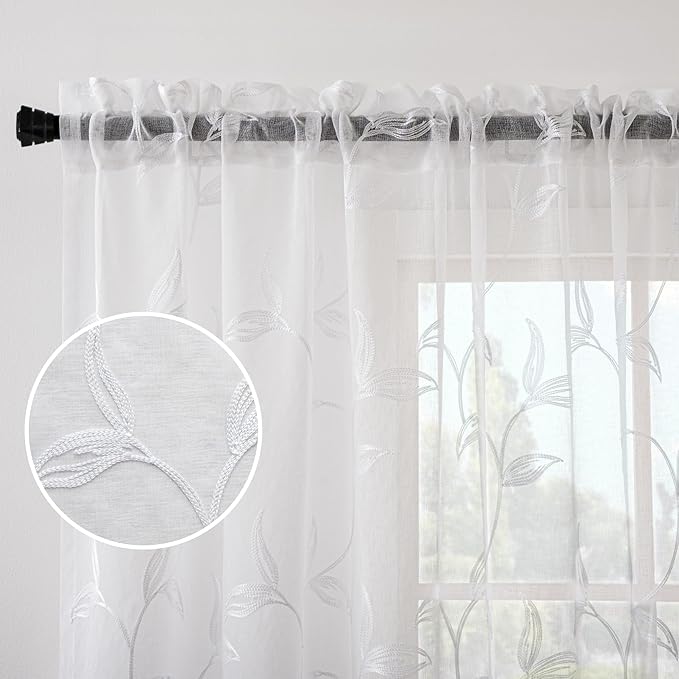 White Sheer Curtains Boho Leaf Floral Embroidered 54Wx63L | Light Filtering - Image 3