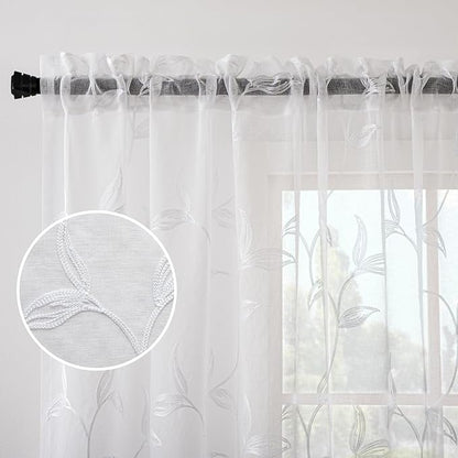 White Sheer Curtains Boho Leaf Floral Embroidered 54Wx84L | Light Filtering - Image 3