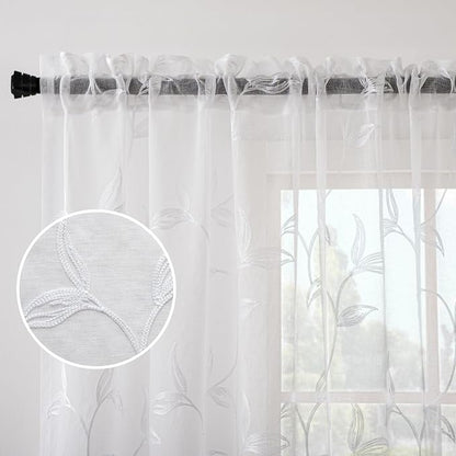 White Sheer Curtains Boho Leaf Floral Embroidered 54Wx55L | Light Filtering - Image 2