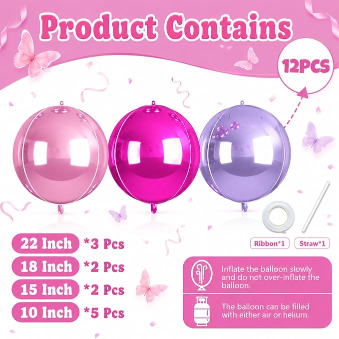 Biapian Pink and Purple Round Balloons Foil, Metallic Hot Pink Purple Balloons - Image 2