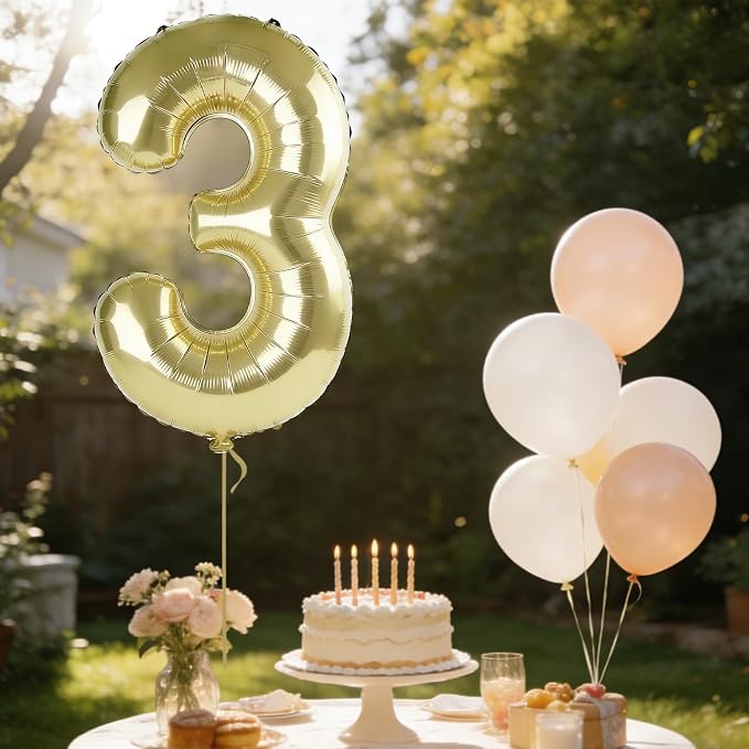 40 Inch Number 3 Balloons for 3rd Birthday Party Decorations, 0-100 Champagne - Image 3