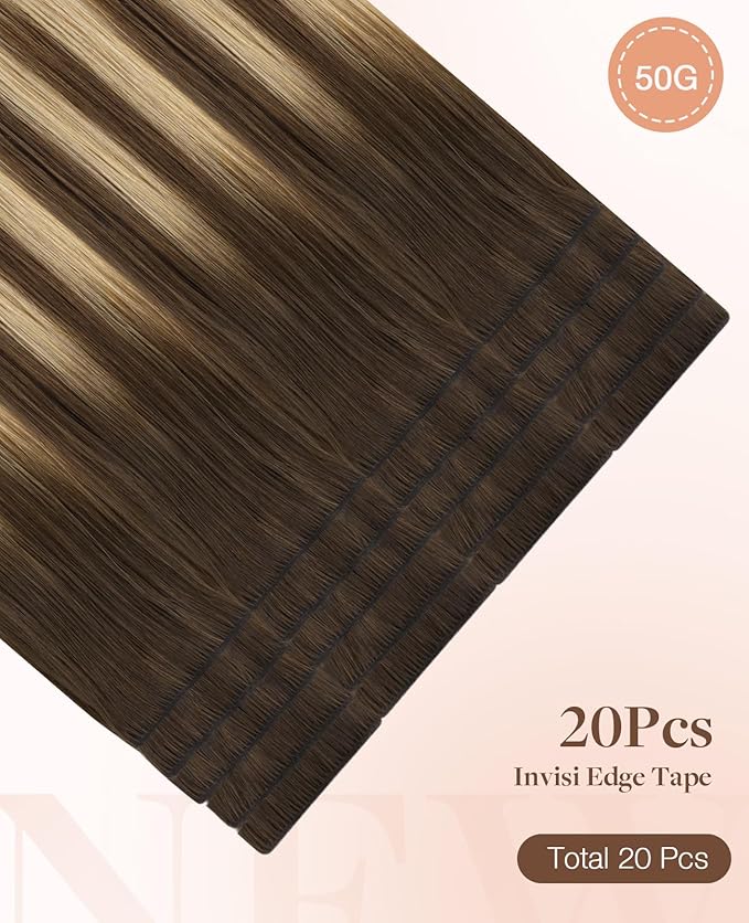 GOO GOO Invisi Edge Tape in Hair Extensions Human Hair, 4/18 Balayage Chocolate Brown Highlighted Dirty Blonde, 20pcs 22inch 50g, Virgin Remy Hair, Seamless Injected Tape, Natural Look