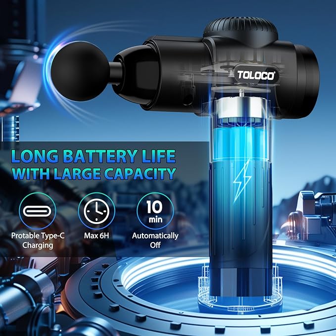 TOLOCO Massage Gun, Deep Tissue Back Massage for Athletes for Pain Relief, Percussion Massager with 10 Massages Heads & Silent Brushless Motor, Christmas Gifts for Women, Men, Black