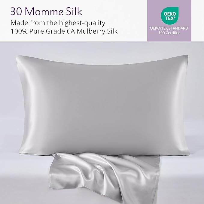 Mulberry Park 30 Momme Silk Pillowcase - Pure Silk Pillowcase for Hair and Skin, Grade 6A Charmeuse Weave Mulberry Real Silk Pillowcase for Luxury Night Sleep - 1 Pc Silver (Queen 20'' x 30'')