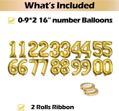 20 Pcs Gold 16" Number Balloons 2 Sets 0-9 Foil Balloon Numbers Décor | Glossy - Image 3