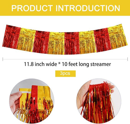 BEISHIDA Red Gold Fringe Garland Banner 30ft Wall Tinsel Foil Streamers | 3Pack - Image 3