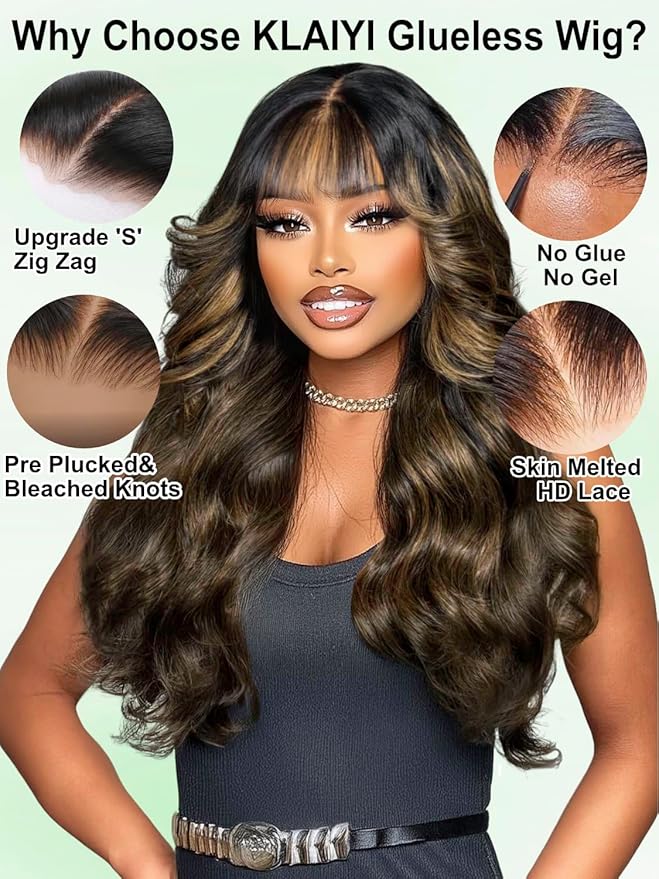KLAIYI Ombre Brown Loose Body Wave Pre Everything Glueless 13x4 HD Lace Front Human Hair Wig with Natural Bang Highlight Balayage Brown Precut Lace Pre Plucked Bye Bye Knots Drawstring Wig 180% 16Inch