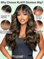 KLAIYI Ombre Brown Loose Body Wave Bye Bye Knots Glueless Precut 7x5 HD Lace Front Human Hair Bang Wig Drawstring Highlight Balayage Brown Pre Plucked Bleached 30S Ready to Wear and Go Wig 180% 16Inch