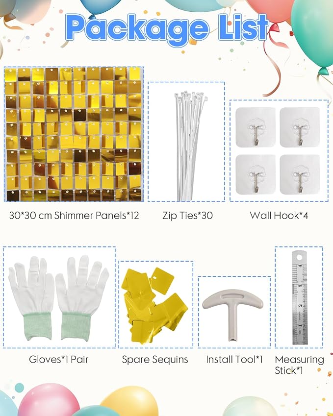 Gold Shimmer Wall Backdrop 12 Panels Cover 4 x 3 Ft, Photo Backdrops - Image 2