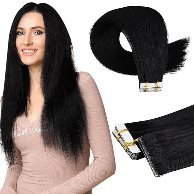 Full Shine Injection Tape in Hair Extensions Human Hair Color Black Machine Virgin Human Hair Extensions Tape ins 20Inch Seamless Skin Weft Tape in Extensions 25Gram 10Pcs for Wedding