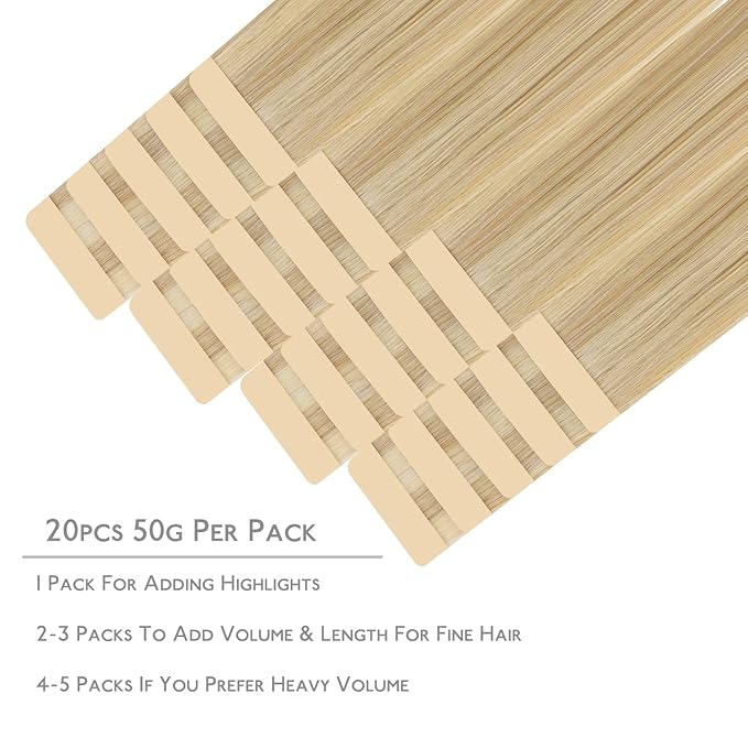 WENNALIFE Tape in Hair Extensions Human Hair, 20pcs 50g 20 inch Light Blonde Highlighted Golden Blonde Remy Hair Extensions Straight Human Hair Tape in Extensions Skin Weft Tape Extensions Human Hair