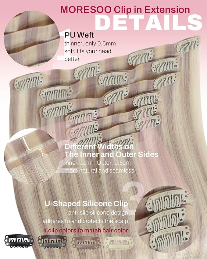 Moresoo Seamless Clip in Hair Extensions Human Hair Blonde Highlight Remy PU Weft Human Hair Clip in Extensions Ash Blonde with Bleach Blond Hair Extensions for Women with Hint of Pink 7pcs 120g 18in