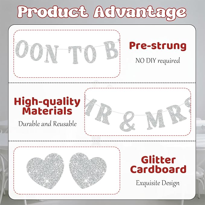 Soon To Be Mr & Mrs Banner for Bridal Shower Decorations, Pre-Strung Silvery - Image 3