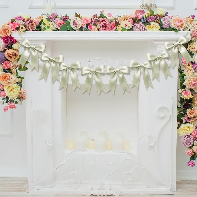 1 String of 8PCS Ivory White Bow Garland Banner Decoration, Pre-Strung Satin - Image 8
