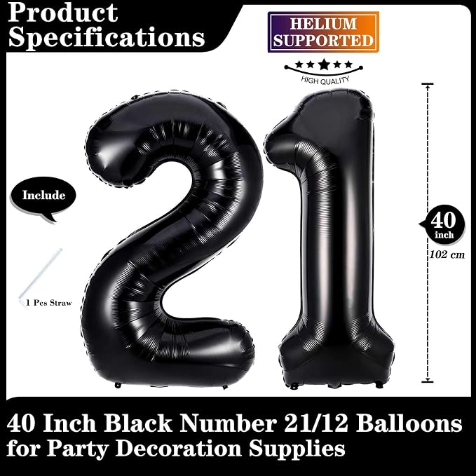 Black 21 Number Balloons, 40 Inch Giant Number 21 Balloons Foil Mylar Helium - Image 2