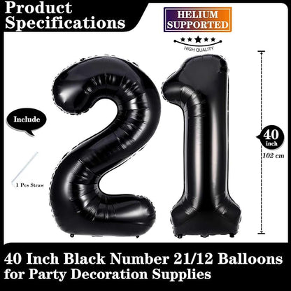 Black 21 Number Balloons, 40 Inch Giant Number 21 Balloons Foil Mylar Helium - Image 2