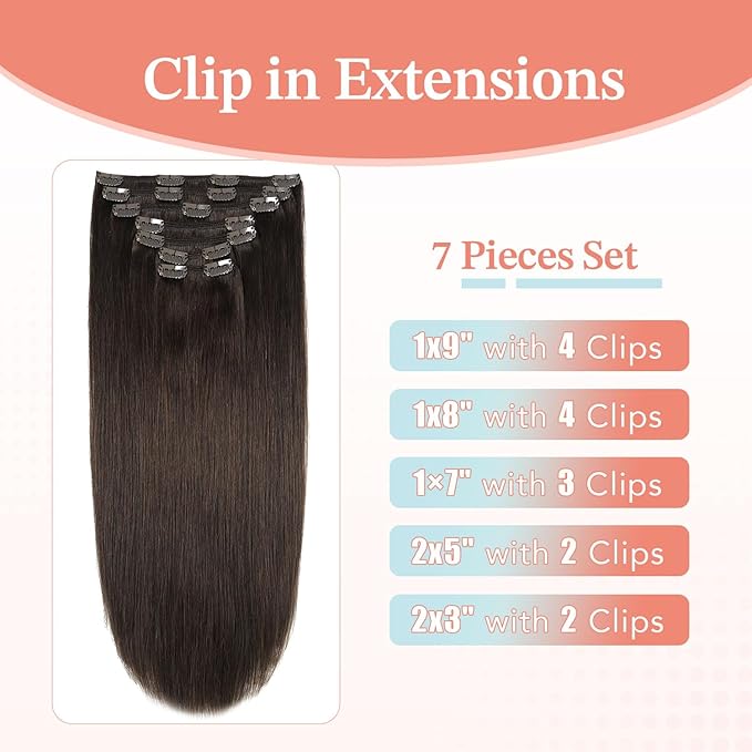 XDhair Clip in Hair Extensions Human Hair 7pcs 140g 16 Inch Dark Brown Real Hair Extensions Clip in Human Hair Straight #2/16 Inch