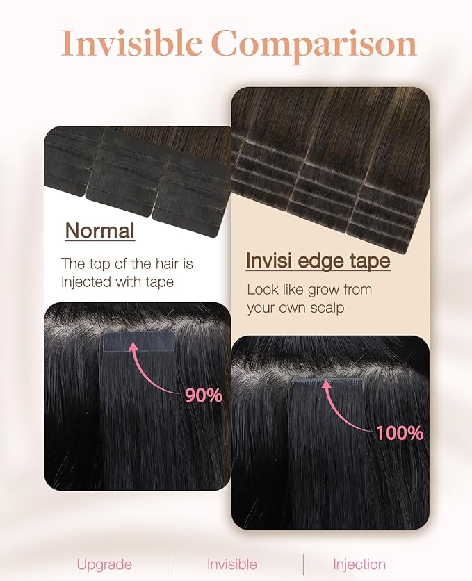 GOO GOO Invisi Edge Tape in Hair Extensions Human Hair, 2/6/18 Balayage Brown to Dirty Blonde 10pcs injected with 10pcs classical tape ins, 22inch 50g, Virgin Remy Hair, Natural Look