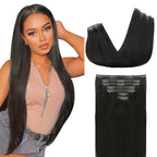 Lashey Seamless Clip in Hair Extensions Real Human Hair, 7pcs 110g 14 Inch Natural Black Straight Clip ins Human Hair Extension for Black Women