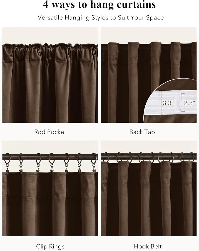 Brown Velvet Curtains Blackout for Living Room, W52 x L108, 2 Panels | 300GSM - Image 2