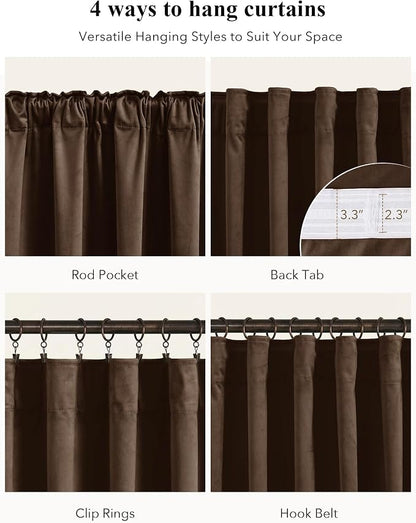 Brown Velvet Curtains Blackout for Living Room, W52 x L108, 2 Panels | 300GSM - Image 2