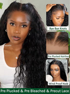 KLAIYI Bye Bye Slip™ Water Wave 7X5 Precut Lace Front Human Hair Wig Drawstring Glueless 3S Ready to Wear and Go Wig with Baby Hair Pre Plucked Bleached Bye Bye Knots Curly Wig 180%Density Full 24Inch