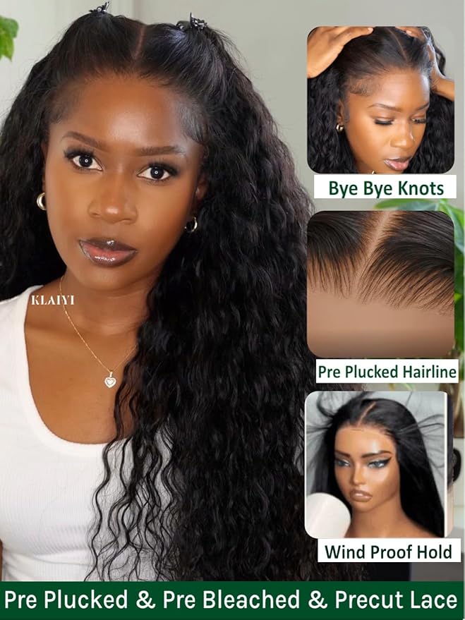 KLAIYI Bye Bye Slip™ Water Wave 7X5 Precut Lace Front Human Hair Wig Drawstring Glueless 3S Ready to Wear and Go Wig with Baby Hair Pre Plucked Bleached Bye Bye Knots Curly Wig 180%Density Full 18Inch
