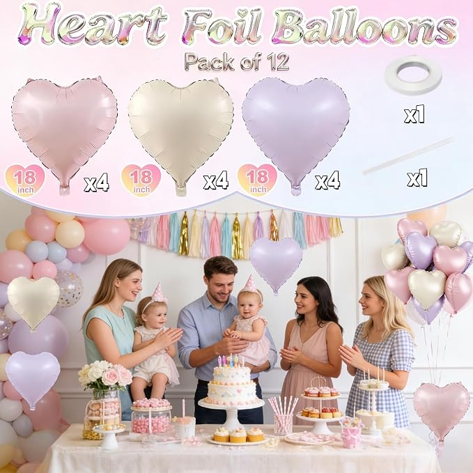 Pink Purple Heart Balloons, 18 Inch Pastel Lila Beige Helium Balloon - Image 2