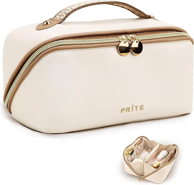 Prite Makeup Bag for Women Travel Waterproof Vegan Leather Cosmetic Bag Open Flat Toiletry Bag With Clear Divider and Handle (Beige)