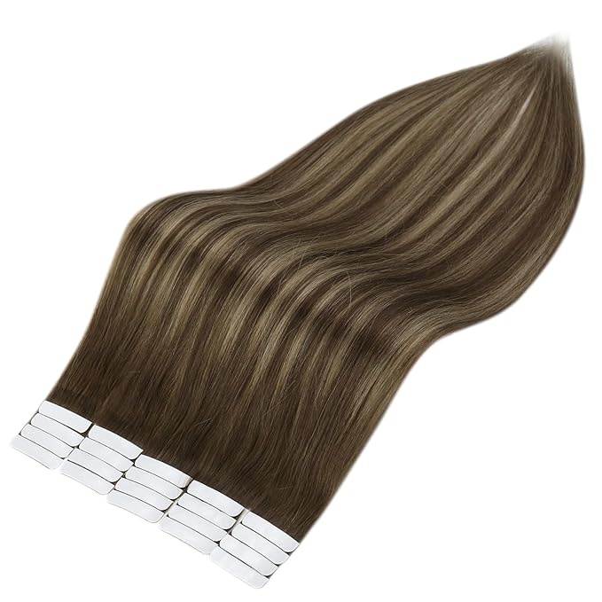 Full Shine Tape in Hair Extensions Human Hair 16Inch 20Pcs Remy Glue in Hair Extensions Tape in Color 4 Medium Brown Fading to 24 Blonde Highlight 4 Seamless Invisible Tape in Hair Extensions 50Gram