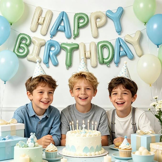 TONIFUL 16 Inch Sage Green Cream Blue Happy Birthday Balloons Banner Decor | - Image 4