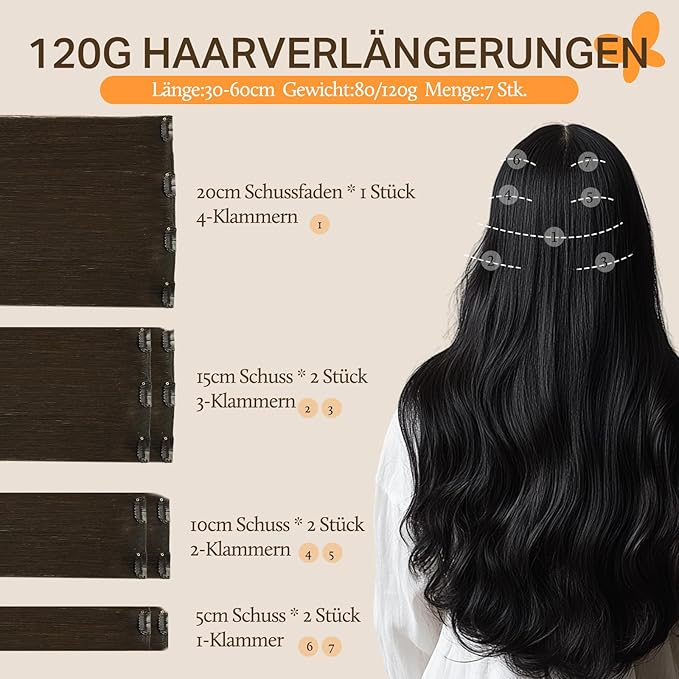 DOORES Human Hair Extensions Clip in Dark Brown 24 Inch 120g 7pcs Straight Clip in Remy Hair Extensions Natural Hair Extensions