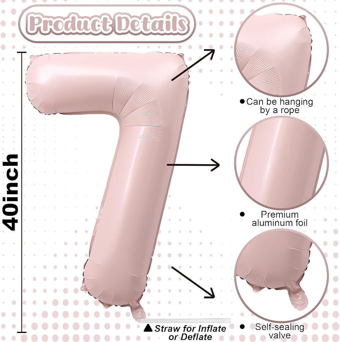 Light Pink Number Balloon 7, 40 Inch Large Self Inflating 7 Foil Number - Image 2