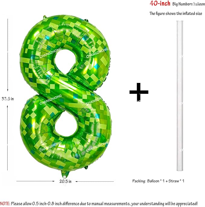 40 inch giant Green pixel miner game number 8 balloon | Large mining theme foil - Image 3