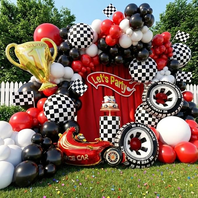 Race Car Balloons Arch Kit -Trophy, Wheels and Red Black White Balloon Garland - Image 7