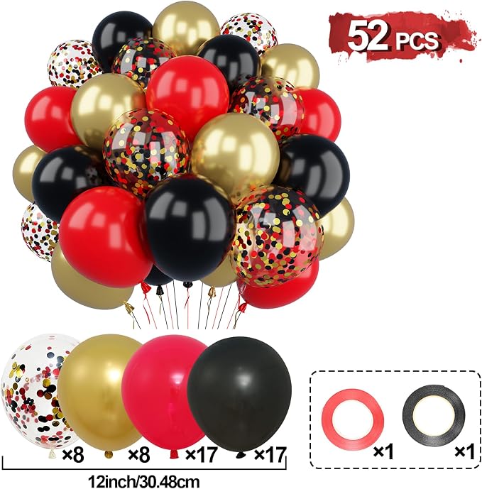 Patimate Red Black Gold Balloons Set 50Pcs 12 Inch Latex Party Balloons | Red - Image 2